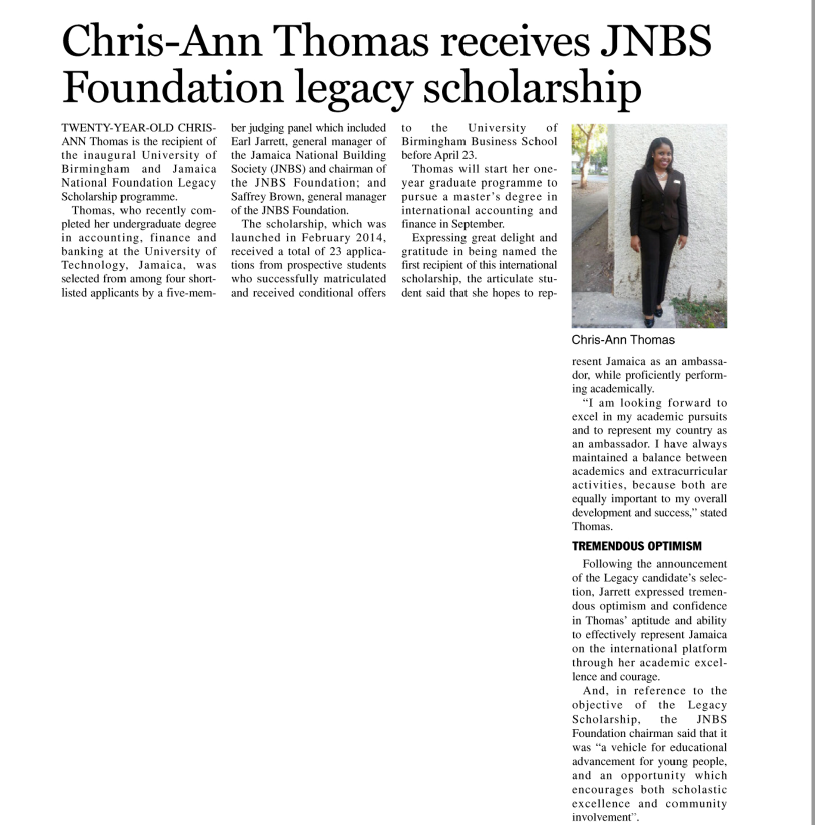 Chris-Ann Thomas receives JNBS Foundation legacy scholarship