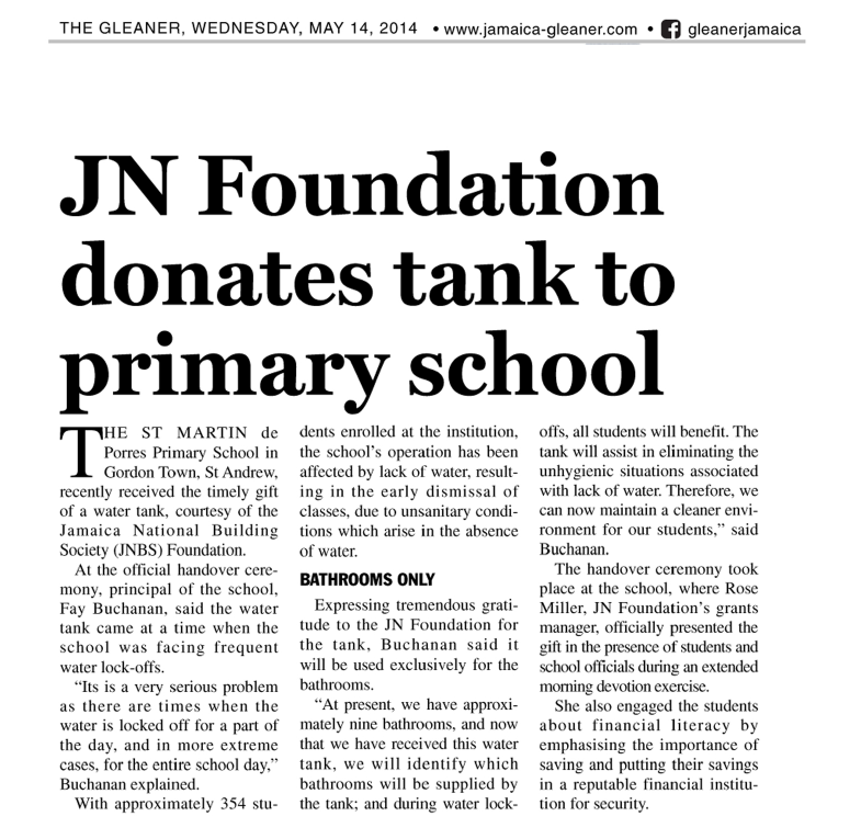 JN Foundation donates tank to primary school