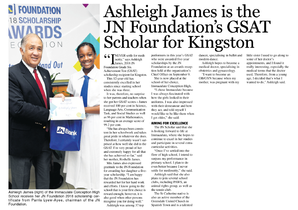 Ashleigh James is the JN Foundtion’s GSAT scholar for Kingston