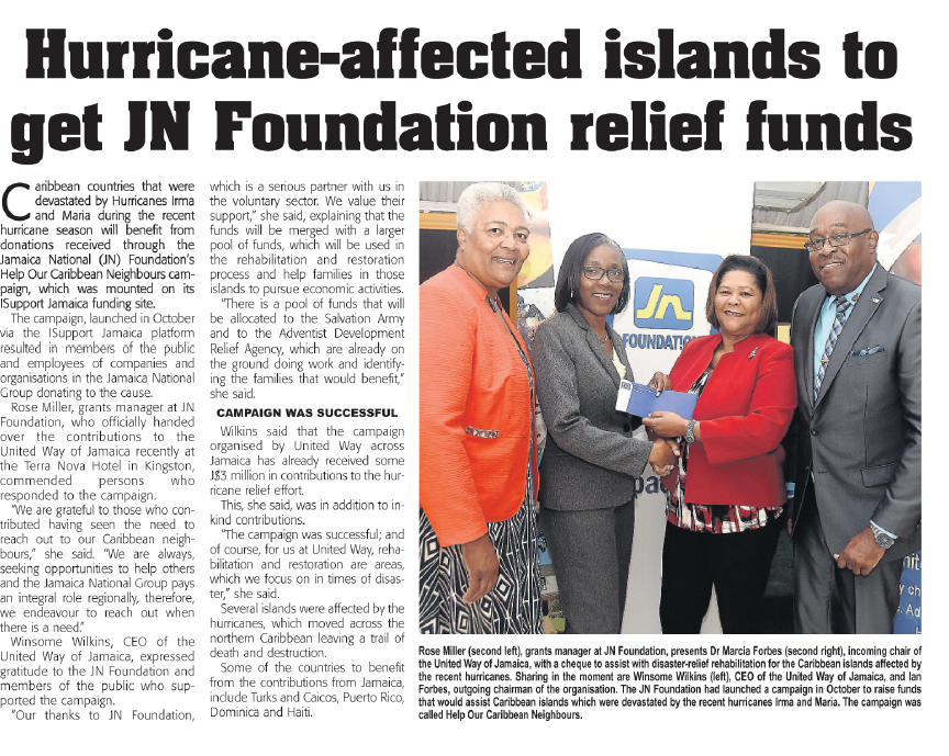 Hurricane-affected islands to get JN Foundation relief funds