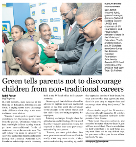 Green tells parents not to discourage children from non-tradiitional careers
