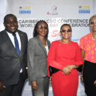 Rose Miller (second right), financial education consultant with the JN Foundation takes a group photo with (from left), Richardo Aiken, operations officer/community development at the Caribbean Development Bank; Claudine Allen, general manager of the JN Foundation and Stephannie Coy, Programme Manager for Field Support Services Project Caribbean, which is funded by the Global Affairs Canada, Local Engagement Action Fund.